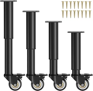 Table Leg Extenders for Straight Legs with Caster Wheels, H 12 to 18 Inch | 4 Pack Metal Adjustable Furniture Legs for Folding Tables/Dresser/Bed, Table Leg Risers with Detachable Locking Casters