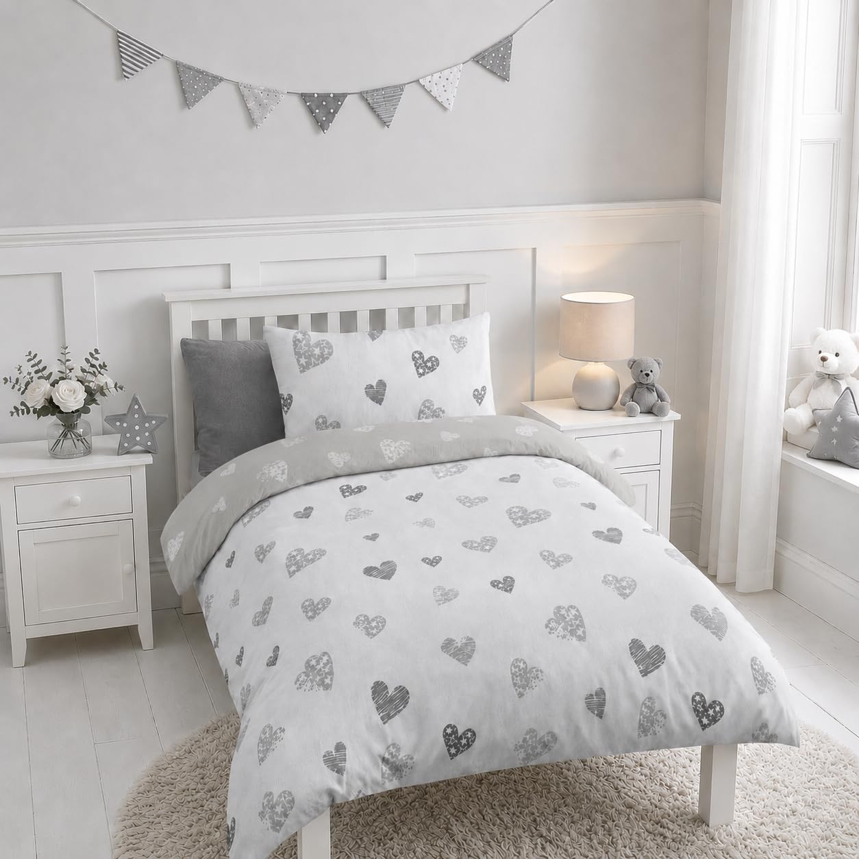 Adore Home Single Duvet Cover Set Grey Hearts Kids Bedding & Pillowcase
