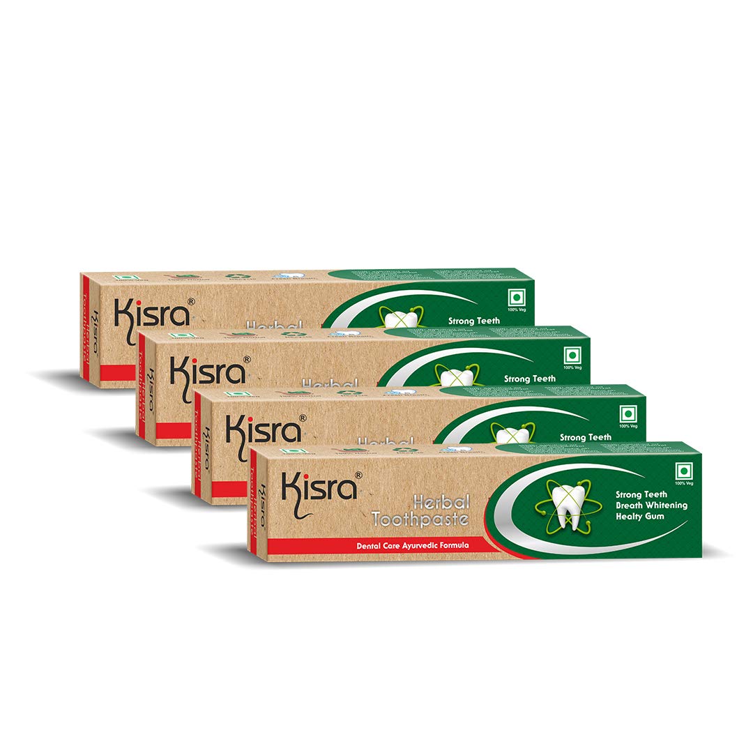 Kisra Herbal Oral Care Toothpaste | Teeth Whitening, Cavity Prevention and Superior Cleaning With Cloves, Vajradanti, Babool & More 10 Active Herbal Ingredients | SLS & Fluoride Free Toothpaste & Active Cleaning Formula | 50gm (Pack of 4)