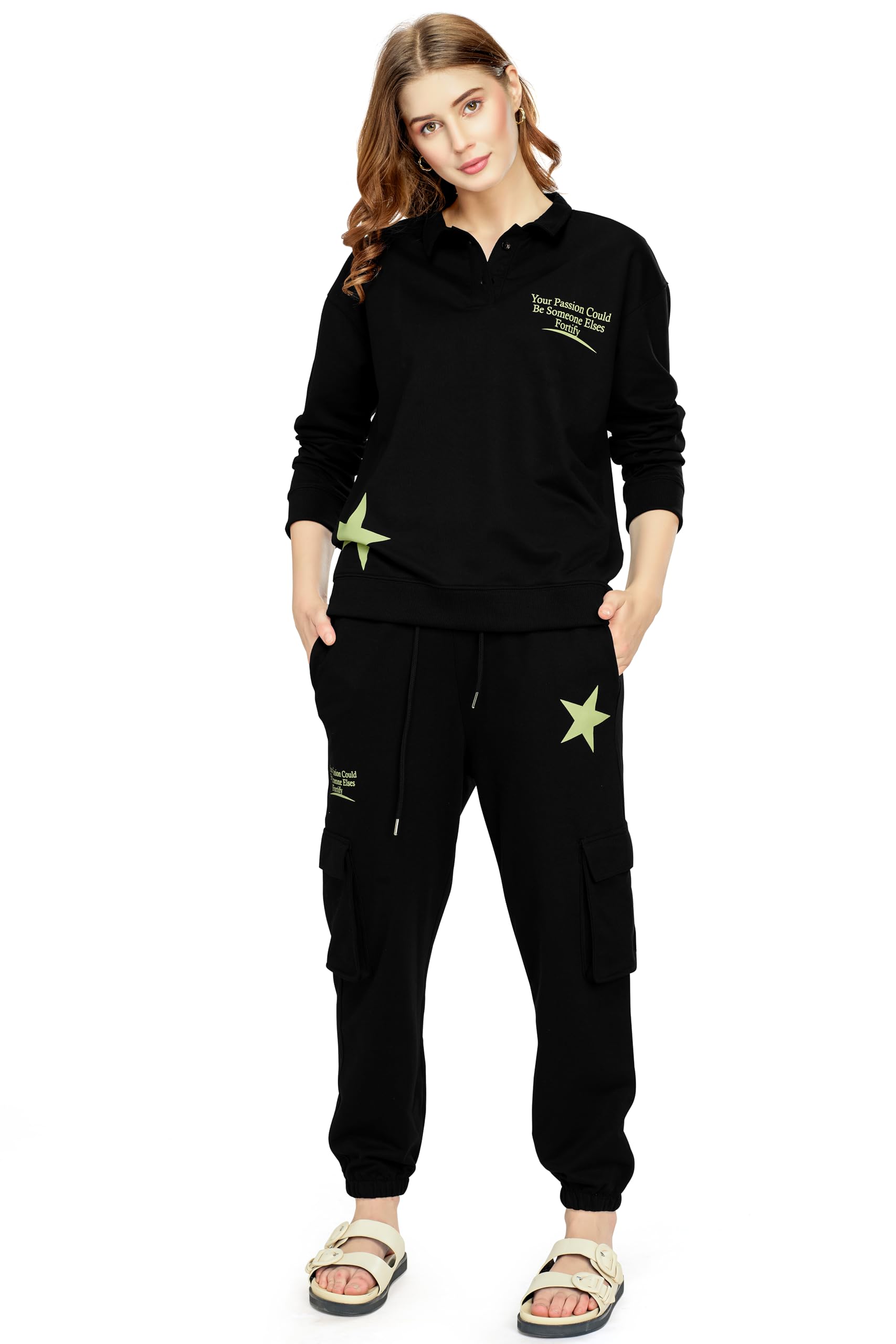 Women's Cotton Track Suit Star & Typography Printed Sweatshirt Co-ords Set 5826
