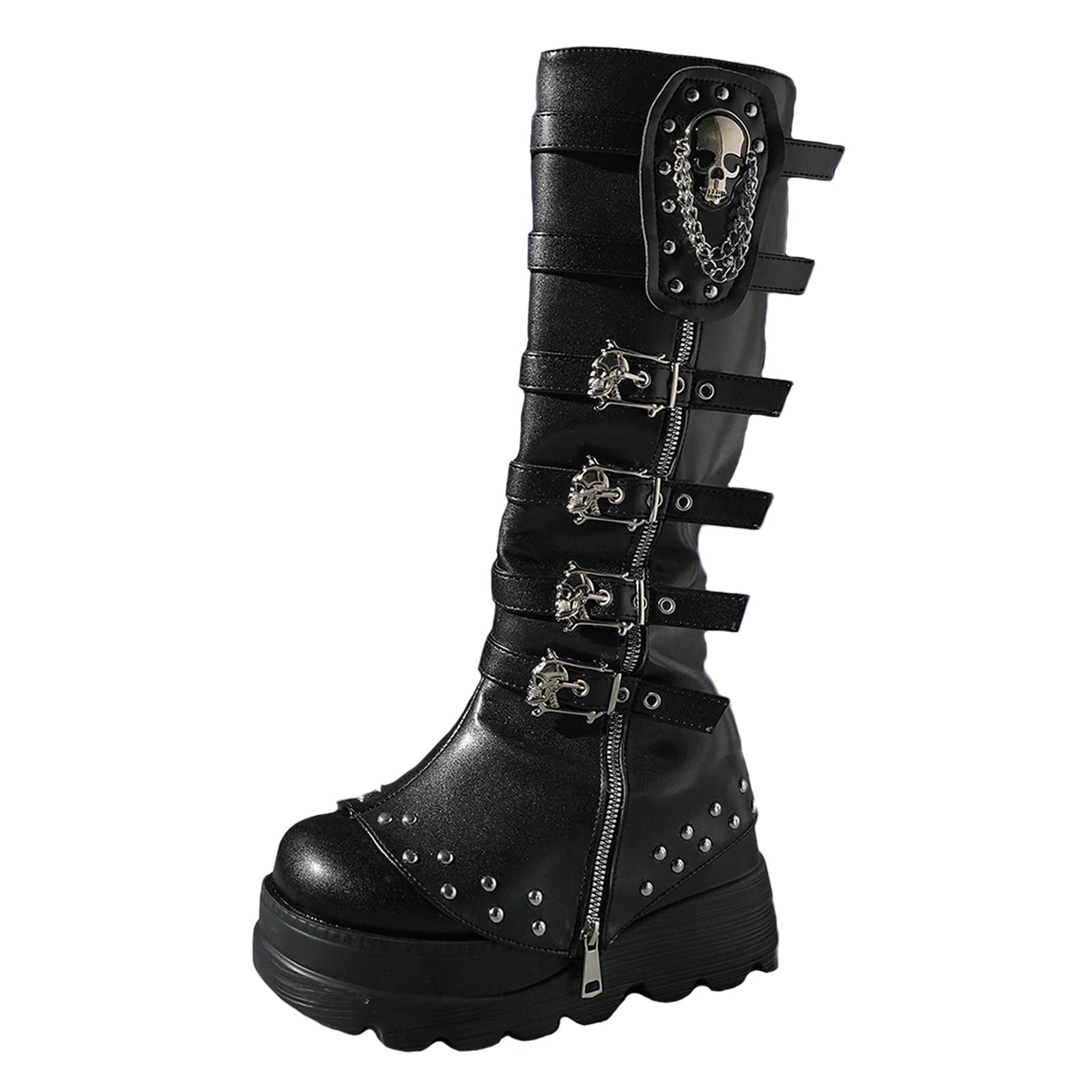 Womens Combat Riding Platform Knee High Boots Goth Punk Boots Side Zip High Wedges Chunky Round Toe Motorcycle