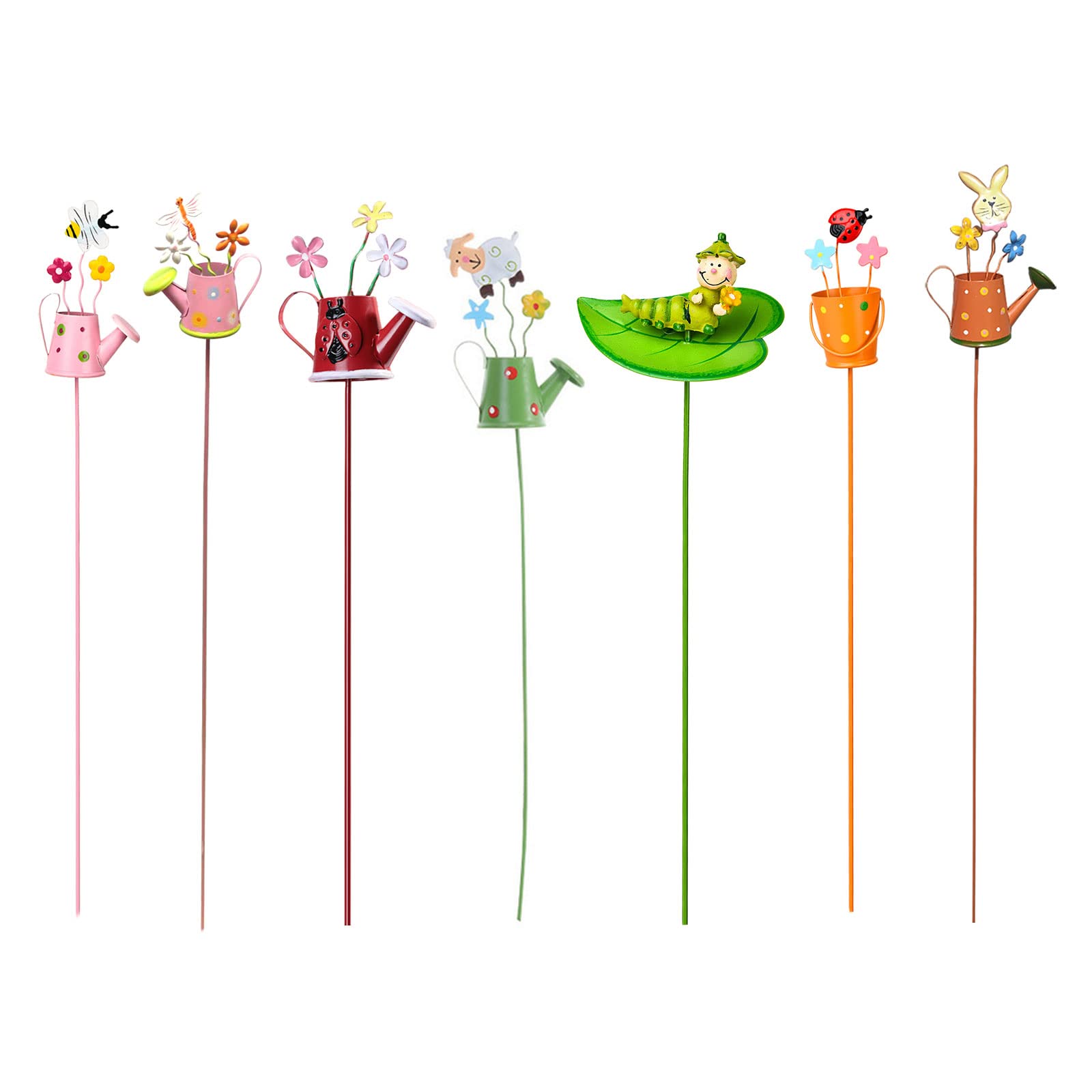 LEMCC 7PCS Metal Flower Garden Stakes with Watering Pot Decoration Small Yard Art Stick Floral Picks Lawn Patio Art Ornaments for Indoor Outdoor Planter Flower Pot Bed