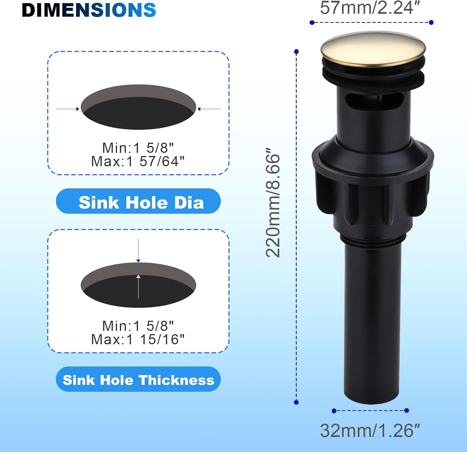 Bathroom Sink Drain with Overflow,Black Pop Up Drain Stopper Anti Clog,Matte Black Universal Bathroom Sink Stopper for Bathroom Vanity Vessel Sink(Gold)