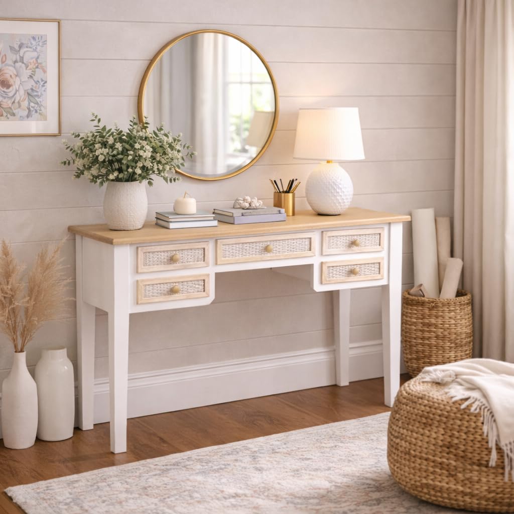 Scrivania Bianca in Legno 90x40x79 cm con 5 Cassetti, Scrittoio Elegante Stile Shabby Charm per Studio, Camera e Cucina