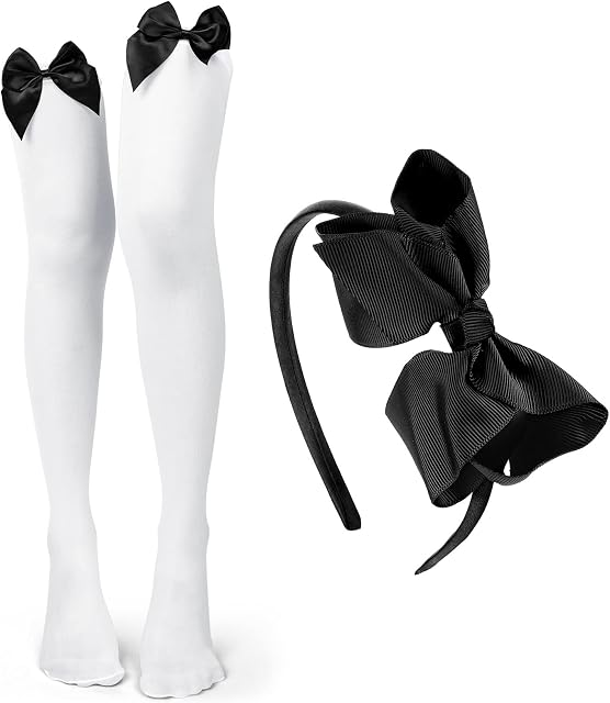 Geyoga White Thigh High Socks Bow Headband Set Opaque over Knee High Socks with Black Bows Grosgrain Ribbon Bow Tie Hair Band for Girls Ladies