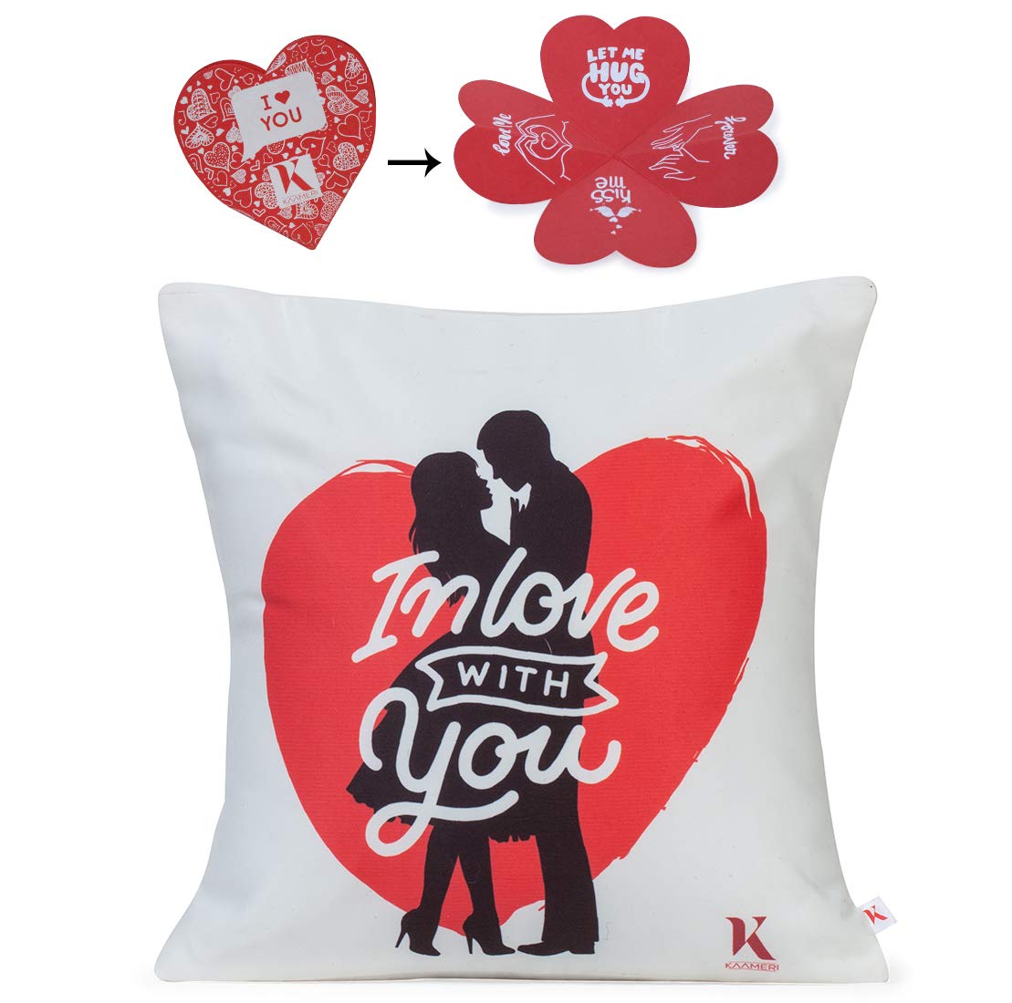 Next Bazaar Micro Satin and Fibre Silhouette Couple with red Heart Inside Quote in Love with You Printed Cushion Cover with Filler (Red 12 x 12)