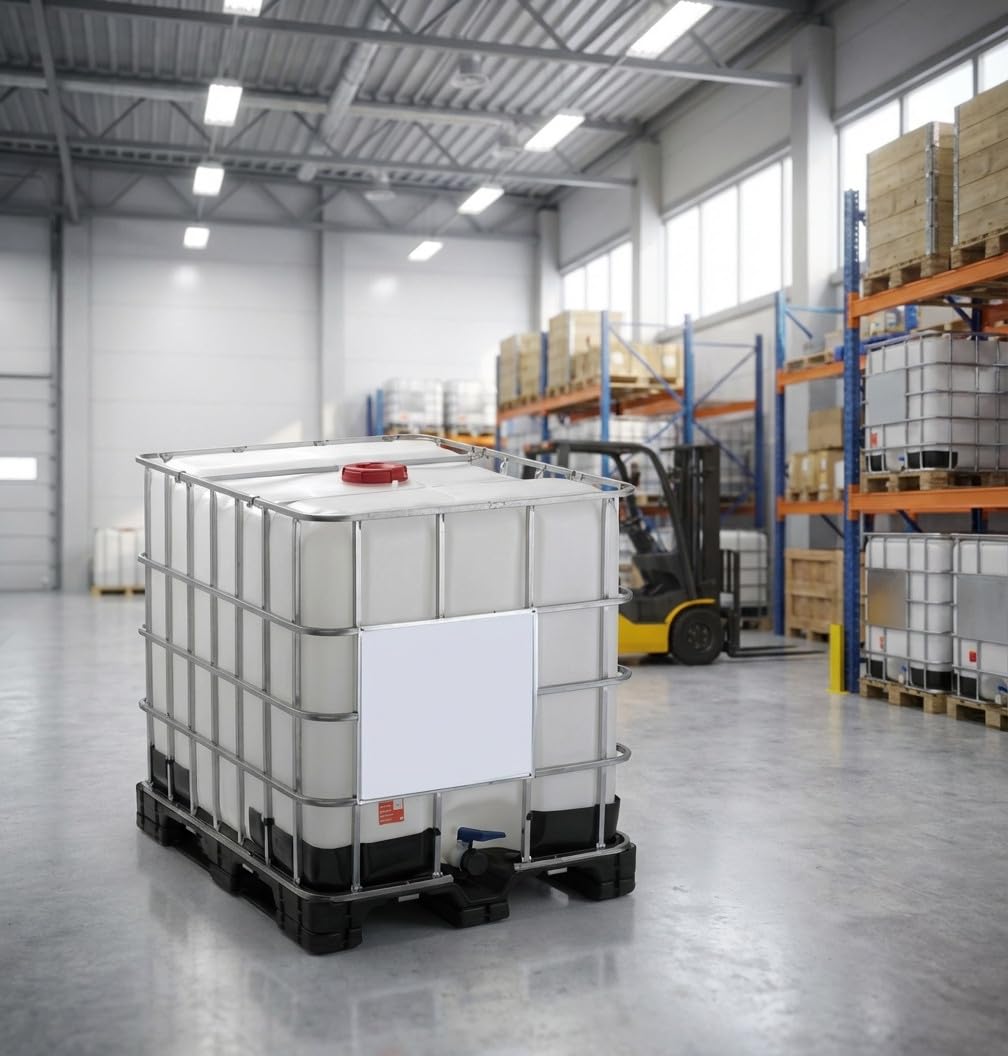 Depósito de agua 1000 litros IBC con palet. Contenedor para transporte de liquidos, 120x100x117 cm, blanco