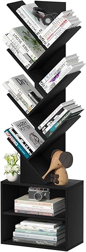 Miniatura 18 de Estantería pequeña con cajón, estantería de 4 niveles en forma de árbol en color negro, estantería de escritorio de madera, estanterías modernas de