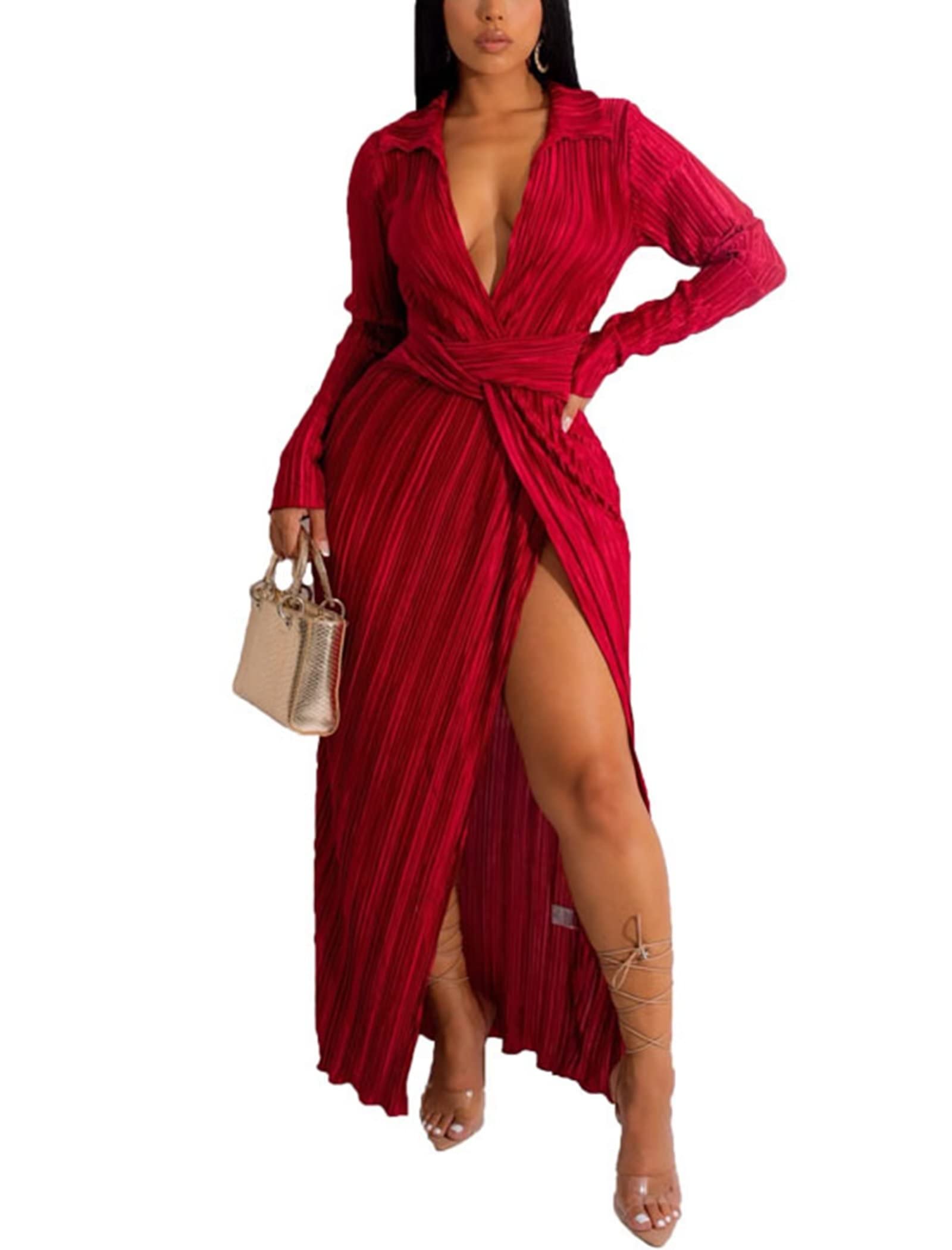 MintsnowWomens Wrap V Neck Dresses for Wedding Guest Casual Pleated Long Sleeve Maxi Dress High Split Evening Long Dress Red M