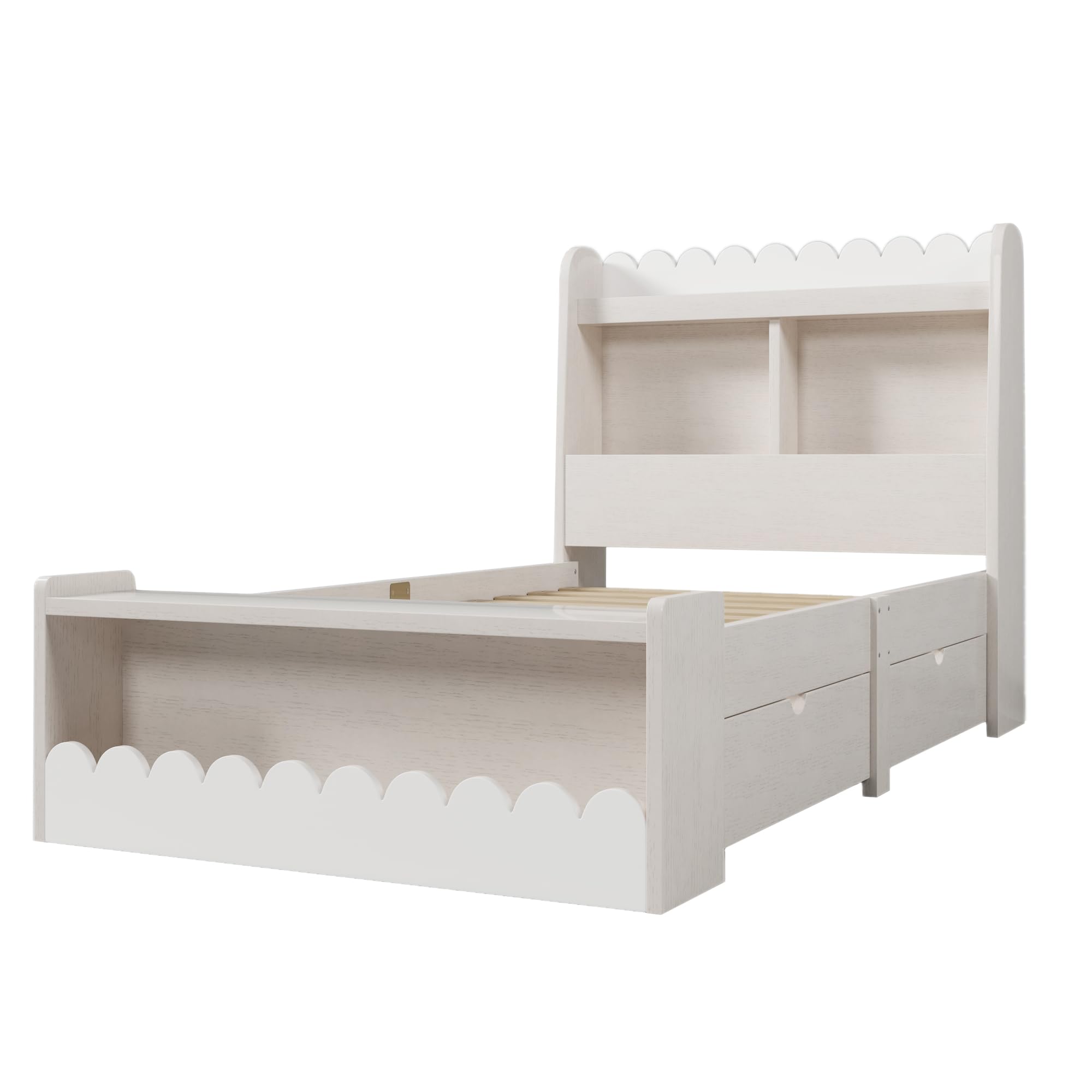 Cama individual de 90 x 190 cm, con cajones, estantería y banco con almacenamiento, cama de madera, marco de cama y somier de madera, color blanco con color roble (sin colchón)