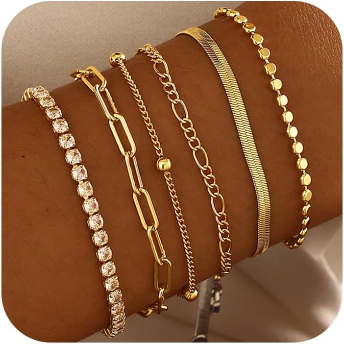DEARMAY Dainty Gold Chain Bracelets for Women Trendy, Waterproof 14K Real Gold Plated Jewelry Sets Fashion Stackable Beaded Figaro Herringbone Paperclip Link Bracelet Pack Stack Gifts for Womens Girl