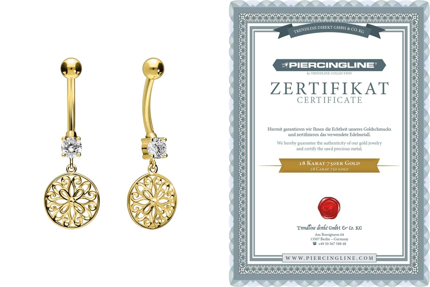 PIERCINGLINE 18 Karat Gold Bauchnabelpiercing MANDALA Bananabell Piercing Gelbgold