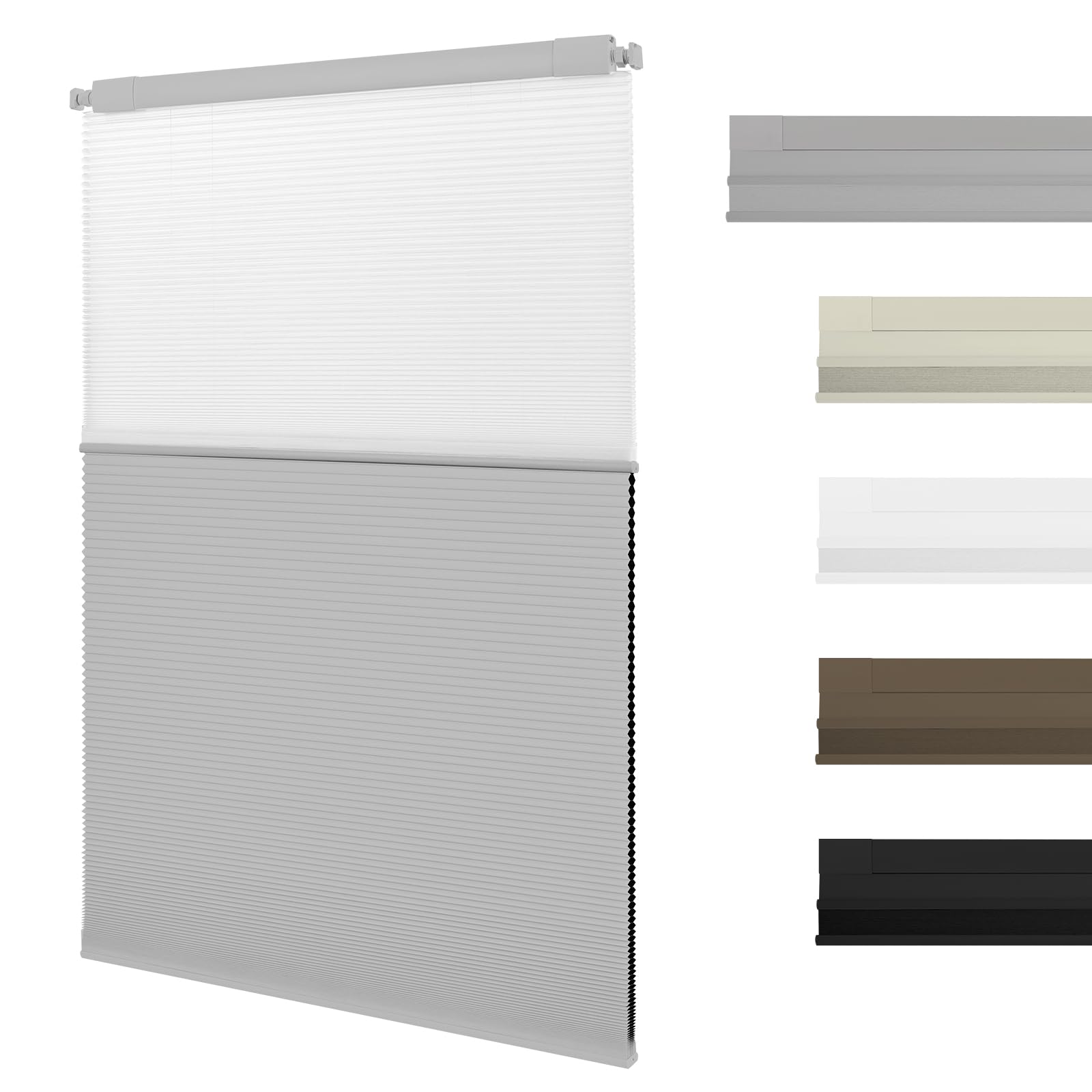2-in-1 No Drill Day and Night Cellular Shades Cordless,Double Honeycomb Blinds,Blackout and Light Filtering Pleated Accordion Shades for Indoor Windows(Light Gray,102cm W x 180cm H)