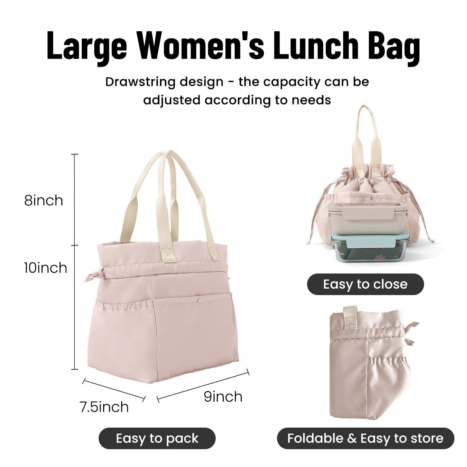 Sac Isotherme Repas Cordon Sacoche Glacière 10L Femme Imperméable Nylon Rangement Repas Multi Poche Sac Repas Bureau Voyage Picnic Trajet Maintien au Chaud Lunch