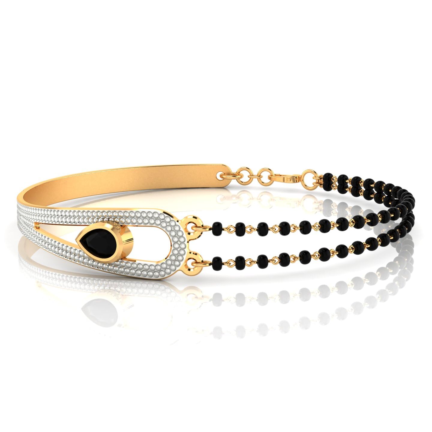 Gold-Plated Brass Hand Mangalsutra Bracelet for Women | Elegant Black Bead Chain with Floral Design-image-35