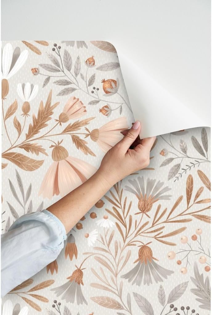 Spoonflower Peel & Stick Wallpaper 3ft x 2ft - Beige Grey Neutral Botanicals Floral Tan Warm Custom Removable Wallpaper