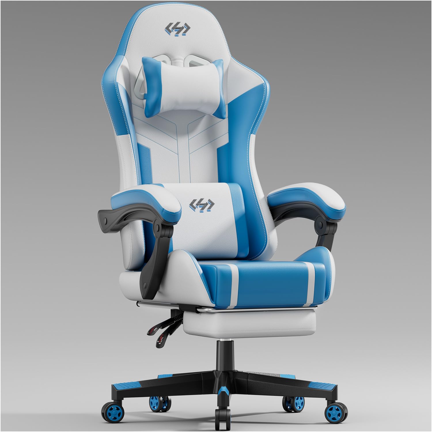 HLFURNIEU Silla Gaming, Silla Gamer Ergonómica con Cojín de Muelles, Silla Ordenador con Cojín Lumbar y Reposapiés, Sillón Gamer Altura Ajustable, Cadeira Gaming Blanco y Azul