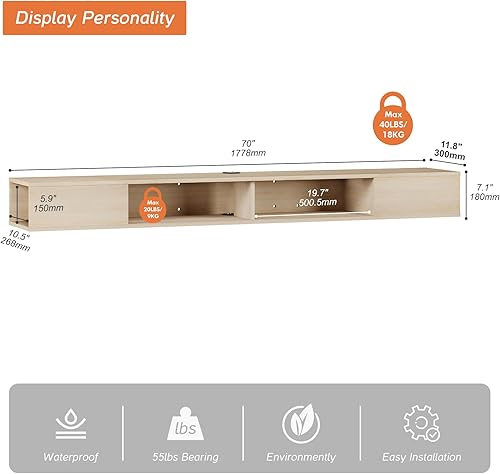 Miniatura 17 de WAMPAT Soporte flotante de TV de 70 pulgadas con luces LED azules, consola multimedia centro de entretenimiento, estante montado en la pared, Luz
