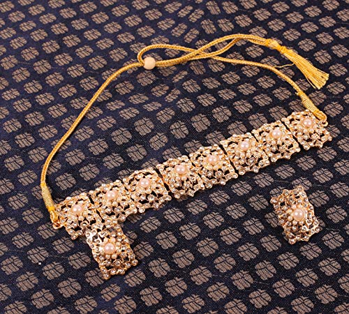 Image of Touchstone Mughal Jali Collection Gold Tone Indian Mughal Bollywood White Diamante Jewelry Choker Set for Women