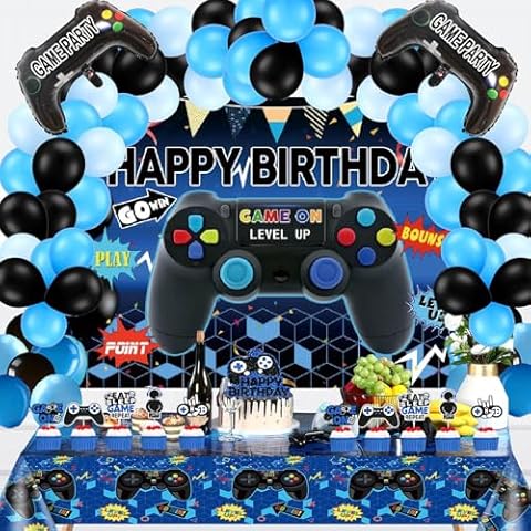 Video Game Party Supplies Set: Decorations with Happy Birthday Gaming Backdrop, Game Table Covers, Cake Topper, Foil Gamer Balloons, Multi-Color Balloons. Perfect for Game Party! Cover