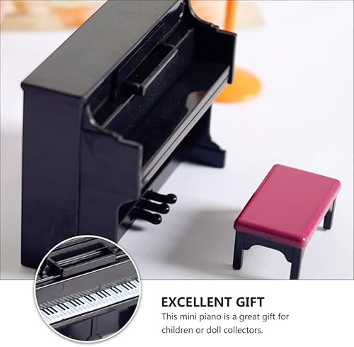 Miniatura 3 de Piano de casa de muñecas, mini juguete de piano vertical, de simulación en miniatura, piano vertical de plástico con taburete y partitura musical,