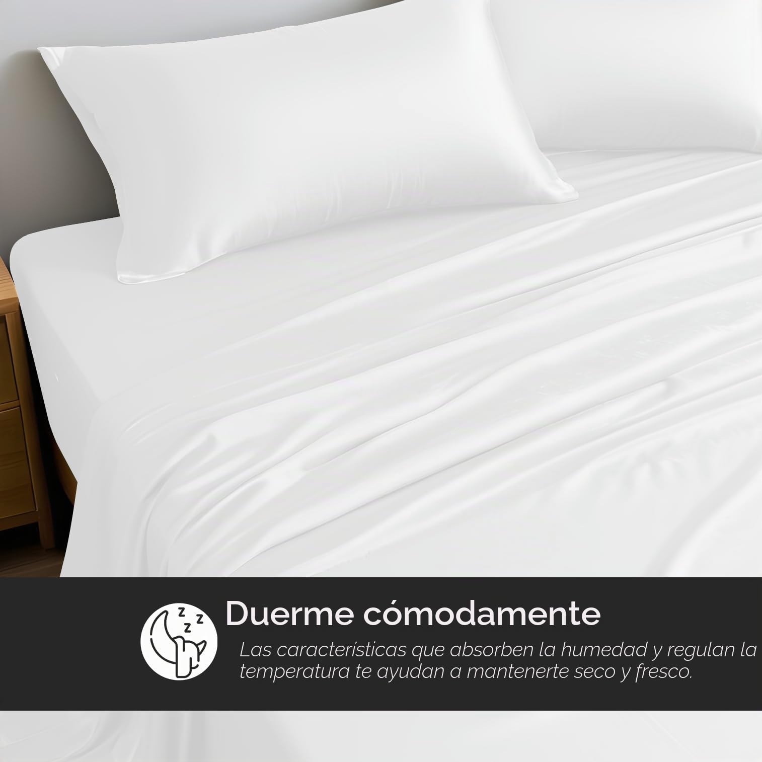 LINENWALAS Juego de ropa de cama de bambú de 4 piezas, sábanas refrescantes de seda vegana con 1 sábana bajera, 1 sábana encimera y 2 fundas de almohada (doble, blanco)