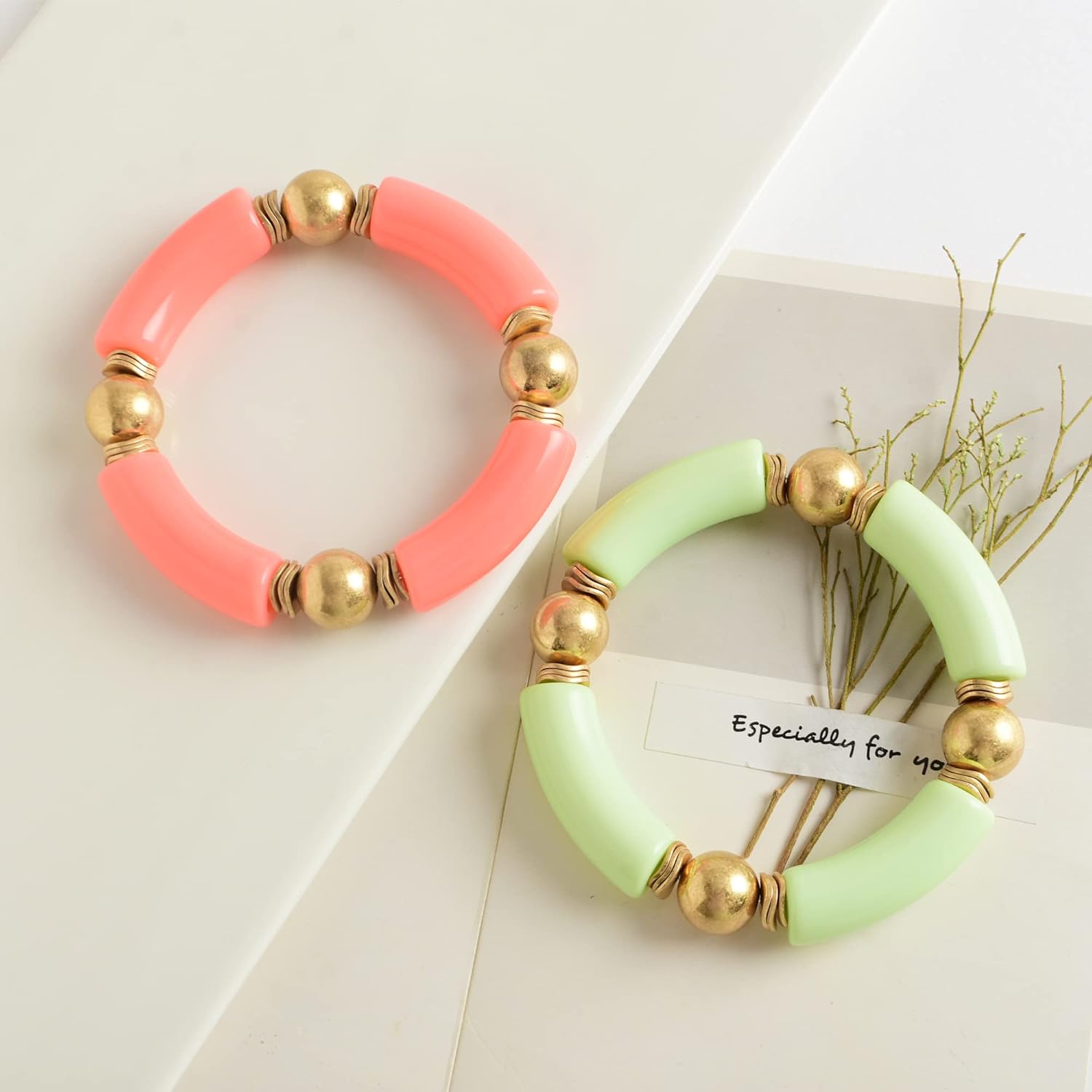 LALAPPLE Gold Plated Beaded Acrylic Bamboo Tube Bangle Bracelets for Women, Colorful Chunky Curved Tube With Gold Plated Pieces Beads Stretch Bracelet Friendship Summer Beach Jewelry - Image 2