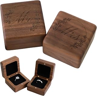 Musowood Vintage Solid Walnut Wood Ring Box Set (2pcs) - Hand-Polished Engagement Proposal Holder with Velvet Lining