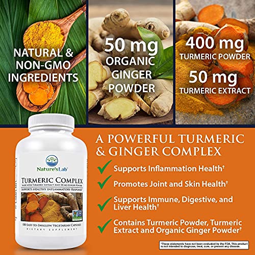 Nature's Lab Turmeric Complex - Made With Turmeric Extract And 50Mg Ginger Powder - Standardized To 95% Potency. Promotes Cardiovascular, Immune, Joint And Skin Health - 180 Capsules (6 Month Supply) #TOP2