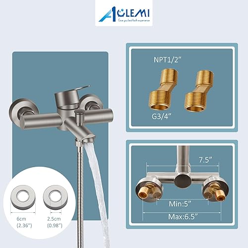 Miniatura 2 de Aolemi Llenador de bañera de montaje en pared, níquel cepillado, grifo de bañera central de 6 pulgadas con ducha de mano, acero inoxidable SUS304,