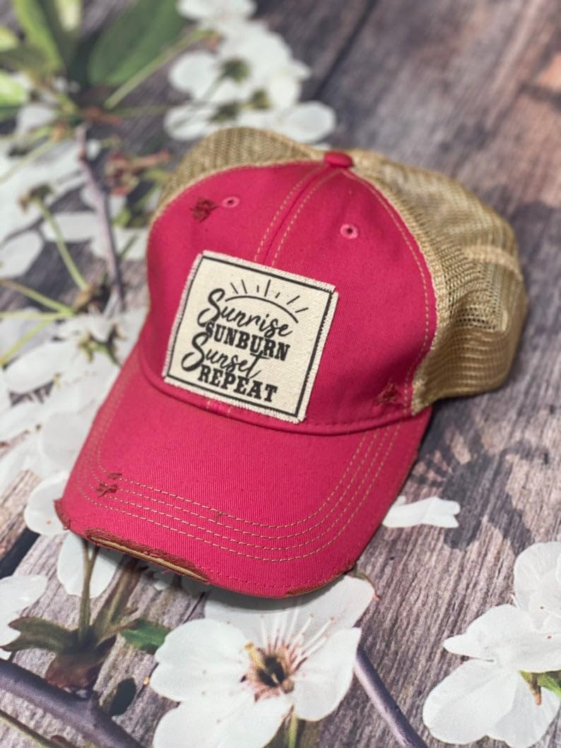 VINTAGE LIFE Sunrise Sunburn Sunset Repeat Distressed Trucker Cap, Hot Pink, Cotton, Polyester, Indoor, Outdoor - Image 3