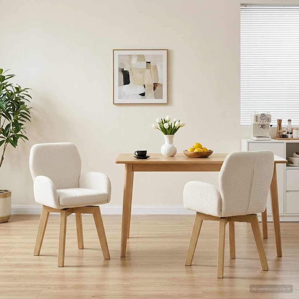 Krzesło do jadalni 2-częściowy zestaw z Bouclé kremowe z drewnianą i metalową ramą, ergonomicznie wyściełane meble do siedzenia, obrotowe, z podłokietnikami, nowoczesne wzornictwo, idealne do
