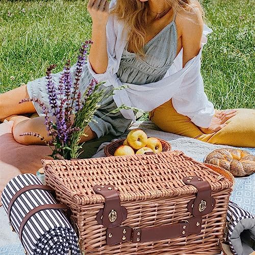 Picnic Basket with Blanket and Wine Pouch for 2 Wicker Picnic Set with Insulated Liner Cooler Bag Hamper for Camping,Wedding,Valentine Day,Gift - Reinforced Handle, Stripes — view 7