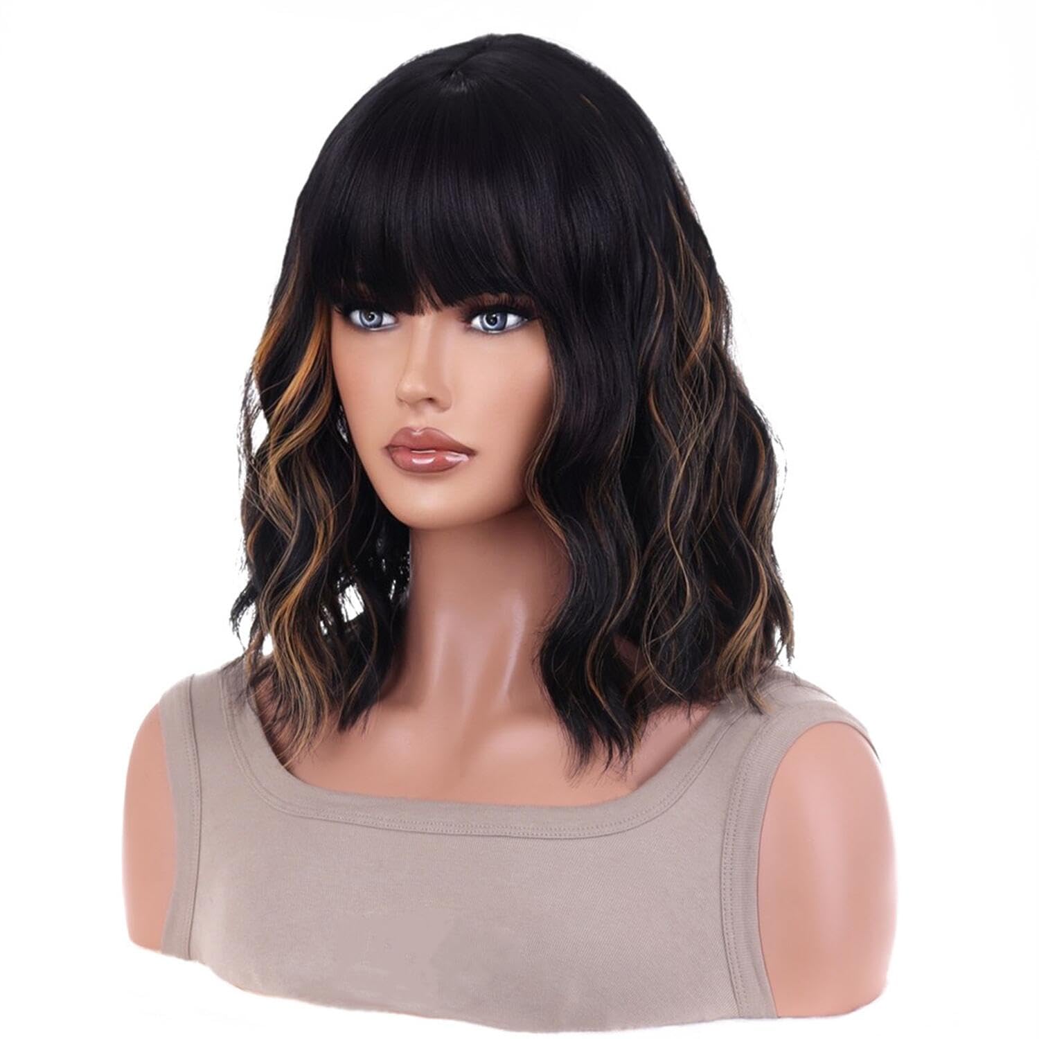 AneShe Short Curly Bob Wig with Bangs Black Mixed Brown