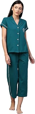 Chemistry Women's Teal Cotton Knit Night Suit | Comfort and Style Combined | Soft and Breathable Fabric | Ideal for Sleepw...