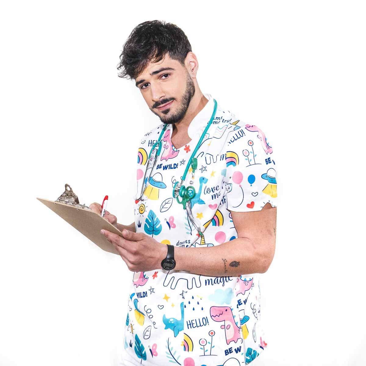 Uniforme Sanitario Hombre Ropa Trabajo Pijama Medico Casaca Enfermero Estetica Peluqueria Veterinaria Hospital Limpieza y Empleado Hogar Antilejía y No Destiñe - Casaca Enanos Hombre XS