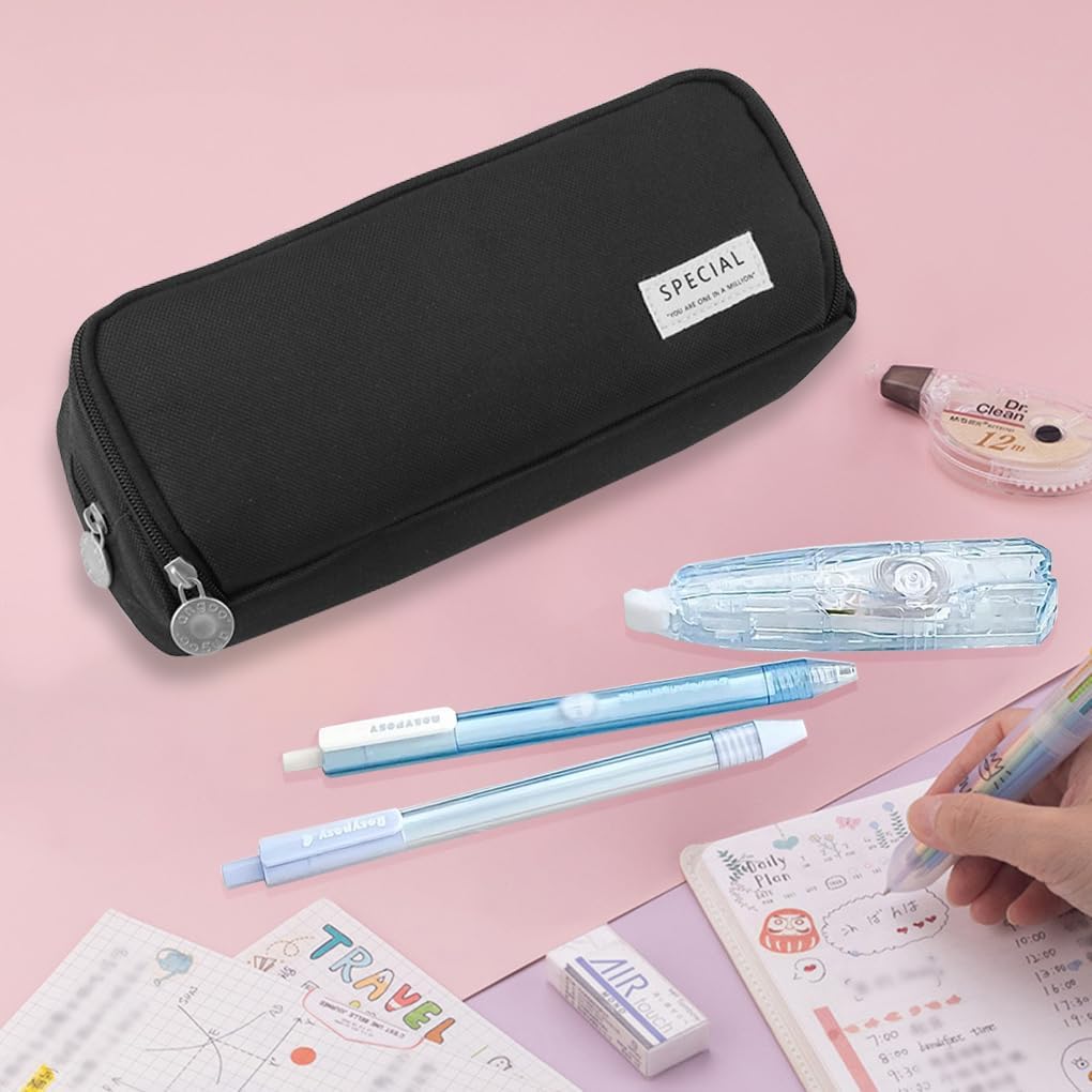 Oyachic Black Pencil Case,Large Pencil Pouch Bag with 3 Compartments Pen Holder Stationery Case