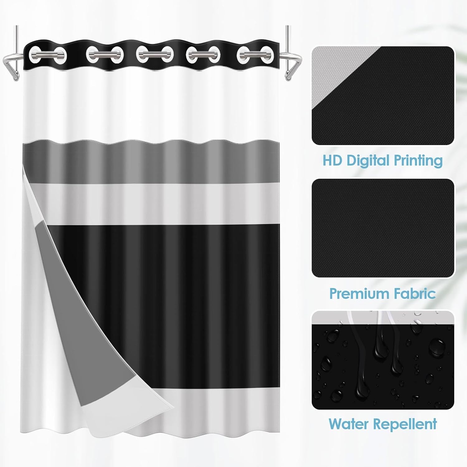No Hook Black Stripes Shower Curtain with Snap in Fabric Liner Set, Modern Geometric Gray Double Layers Waterproof Fabric with See Through Top Window Bath Curtain 71x74 Inch