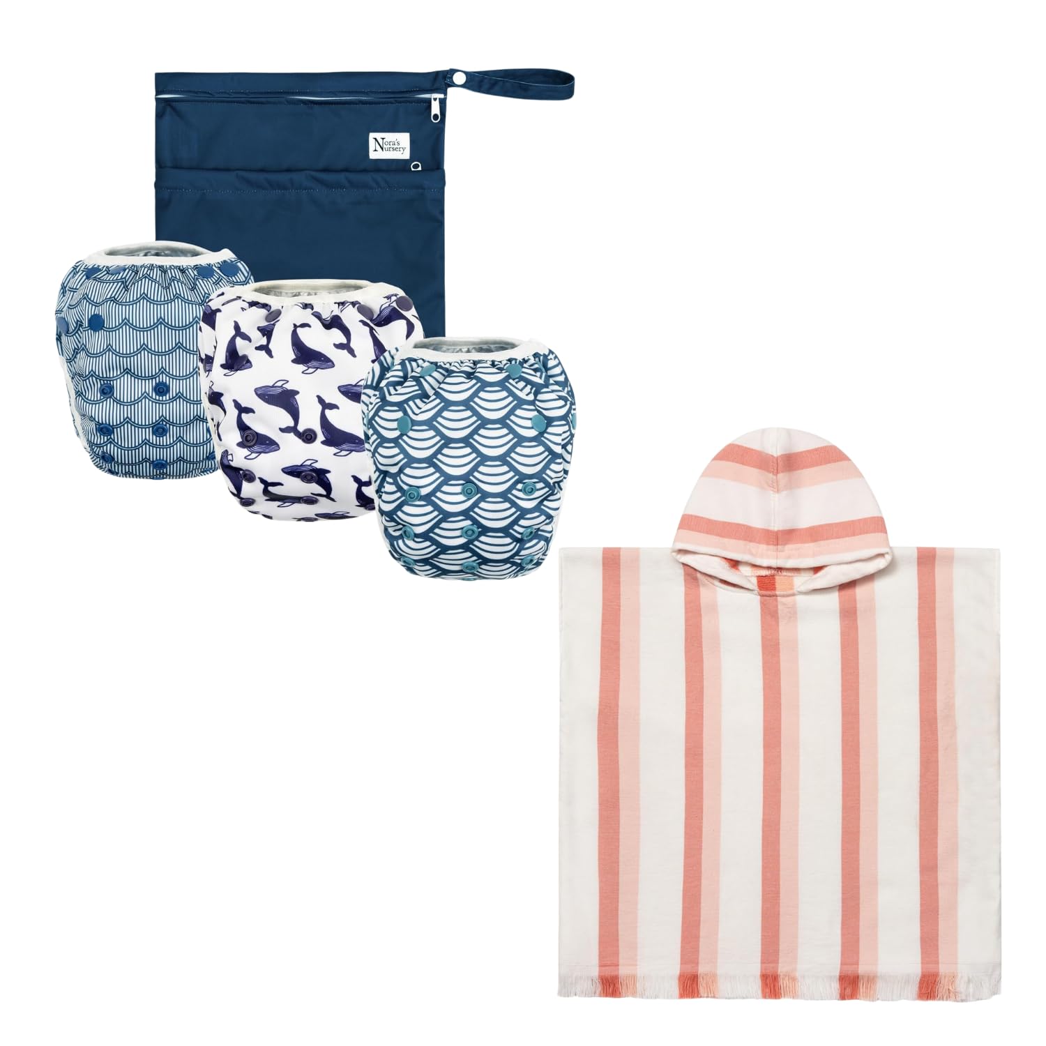 Nora’s Nursery Baby Swim & Bath Essentials Bundle – Reusable Adjustable Swim Diapers Unisex 3-Pack with Wet Bag (Big Splash) + Ultra-Soft 350GSM Hooded Baby Bath Towel (Coral), Quick-Dry, 0–3 Years