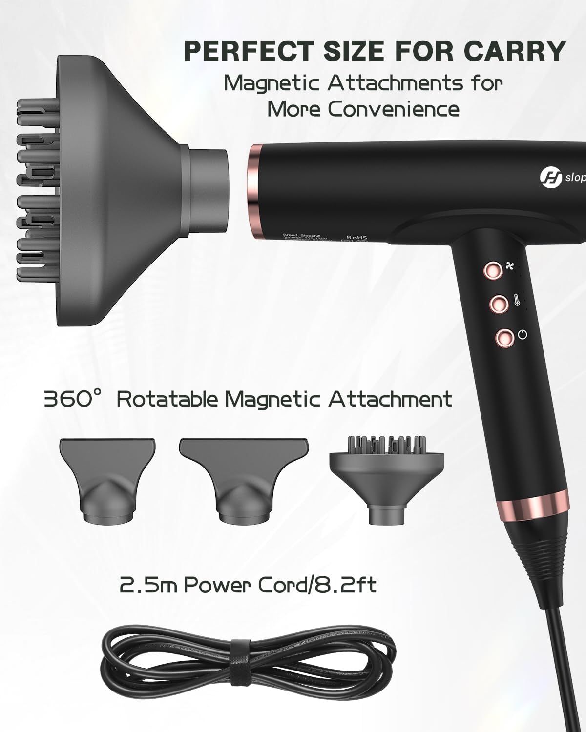  Professional Ionic Hair Dryer with Diffuser - Lightweight, Compact, Powerful & Fast Salon Blow Dryer with High Speed Brushless Motor for Travel, Women & Men Ceramic, Black thumbnail