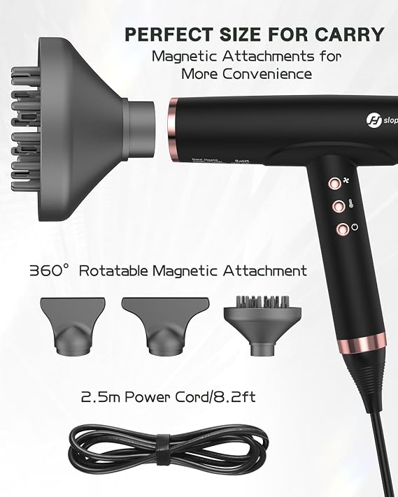 slopehill Professional Ionic Hair Dryer with Diffuser - Lightweight, Compact, Powerful & Fast Salon Blow Dryer with High Speed Brushless Motor for Travel, Women & Men Ceramic, Black
