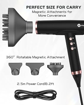 slopehill Professional Ionic Hair Dryer with Diffuser - Lightweight, Compact, Powerful & Fast Salon Blow Dryer with High Speed Brushless Motor for Travel, Women & Men Ceramic, Black