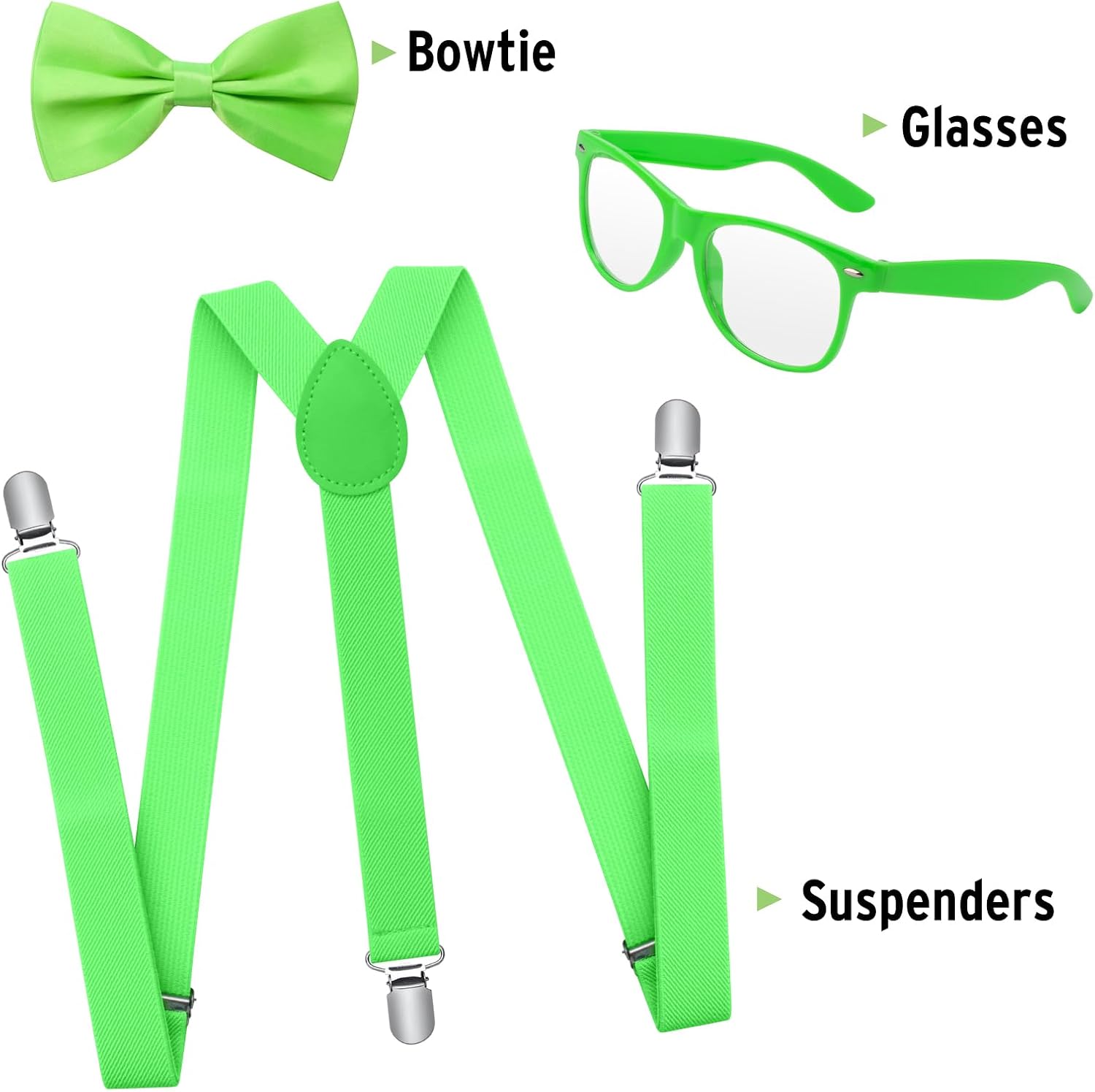 ONUPGO Neon Suspenders, Bow Tie, Sunglasses Accessory Set for Men Women, 80s Dress Up Costumes Clip on Suspenders