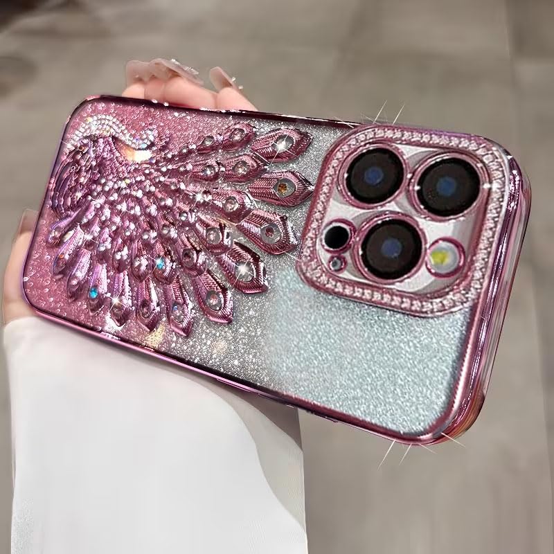 Image of mobistyle Designed for iPhone 15 Pro,3D Diamond Luxury Electroplate Glitter Peacock Tail Bling Design Camera Protection Shockproof Phone Back Cover Case for (Pink, iPhone 15 Pro)
