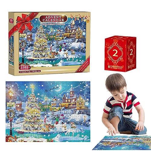 クリスマスパズルアドベントカレンダー,クリスマスまであと 24 日のカウントダウン パズル - ストッキングの詰め物、クリスマスギフト、家の装飾、パズル愛好家のための1008ピースのジグソーパズル Jescion