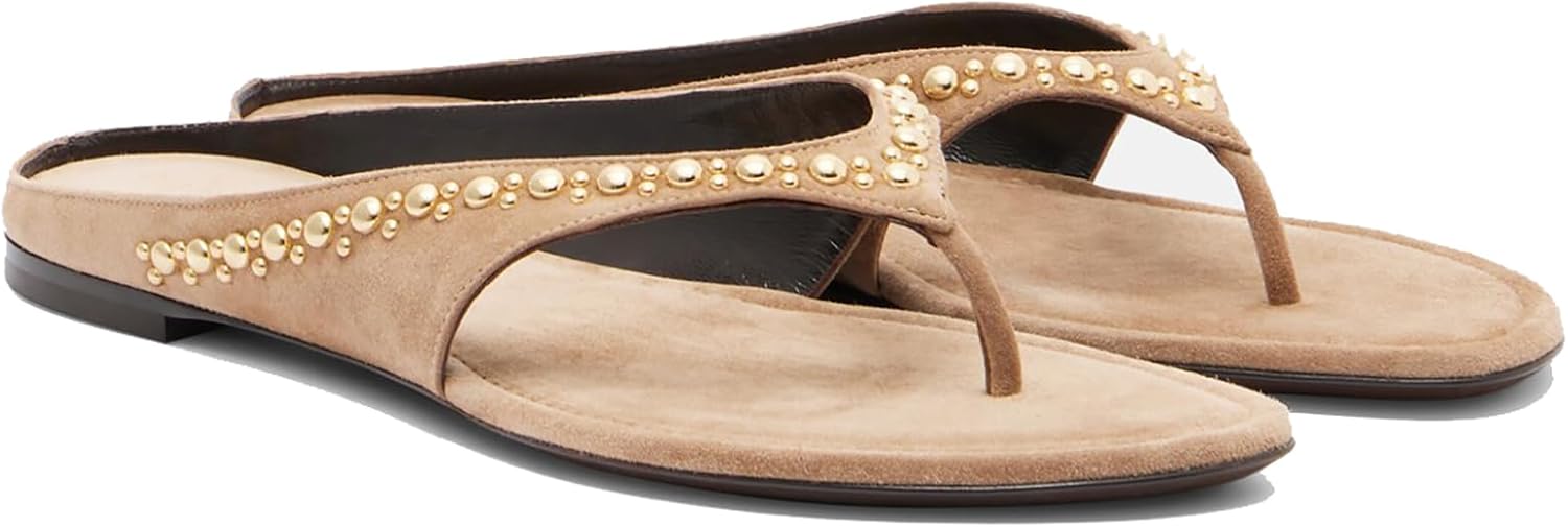 Women's Suede Thong Flip Flops Embellished Studded Flat Sandals Open Toe Slip On Slides for Summer Casual Beach