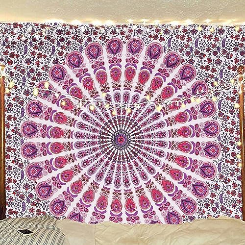 Bless International Indian hippie Bohemian Psychedelic Peacock Mandala Wall hanging Bedding Tapestry (Pink Blue, Queen (84x90Inches)(215x230Cms))