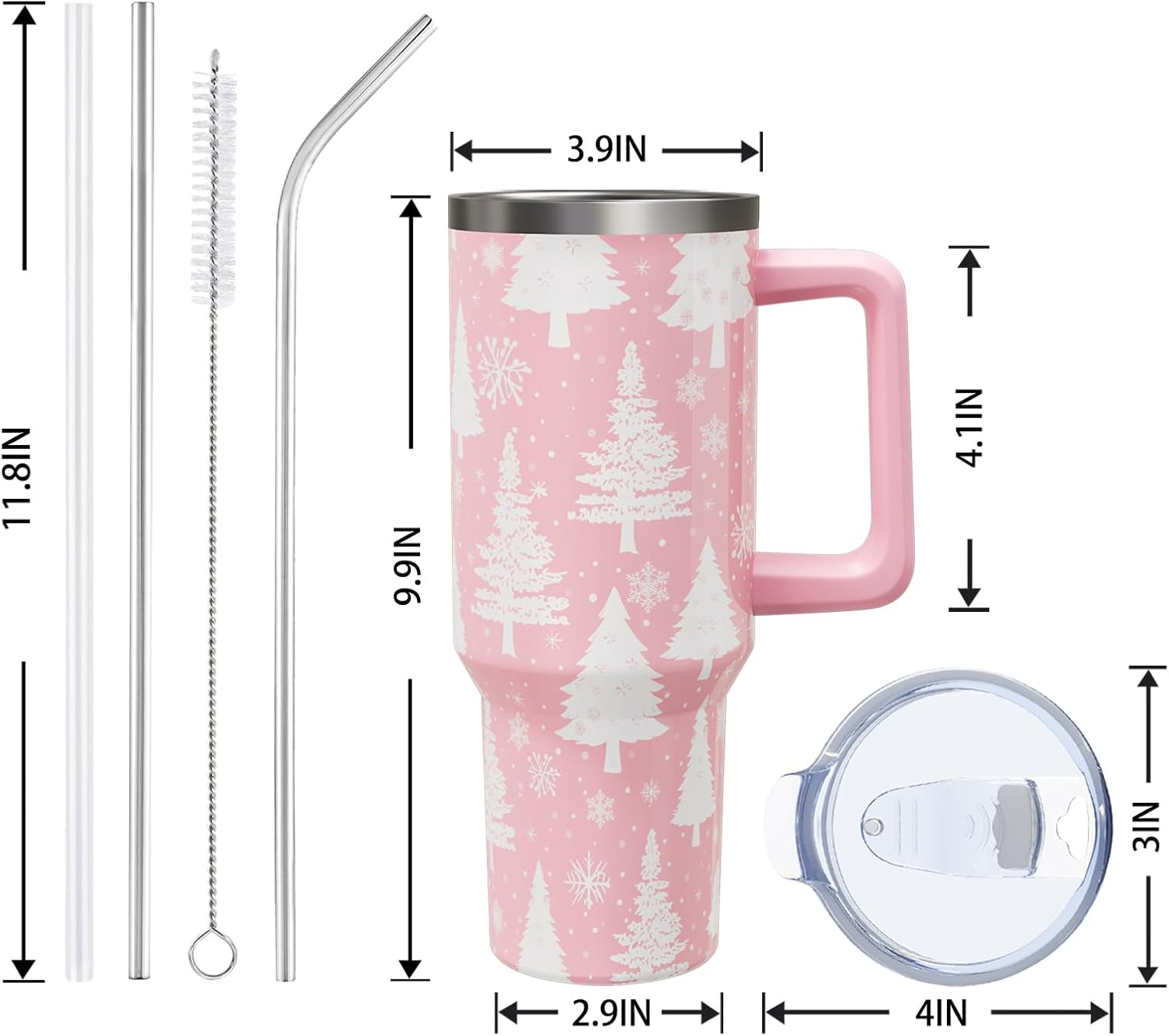 White Christmas Trees 40oz Tumbler Cup with Handle and Straw, Retro Xmas Snowflake Gifts for Women Girls, Winter Holiday Stainless Steel Water Bottle 1PC - Image 3