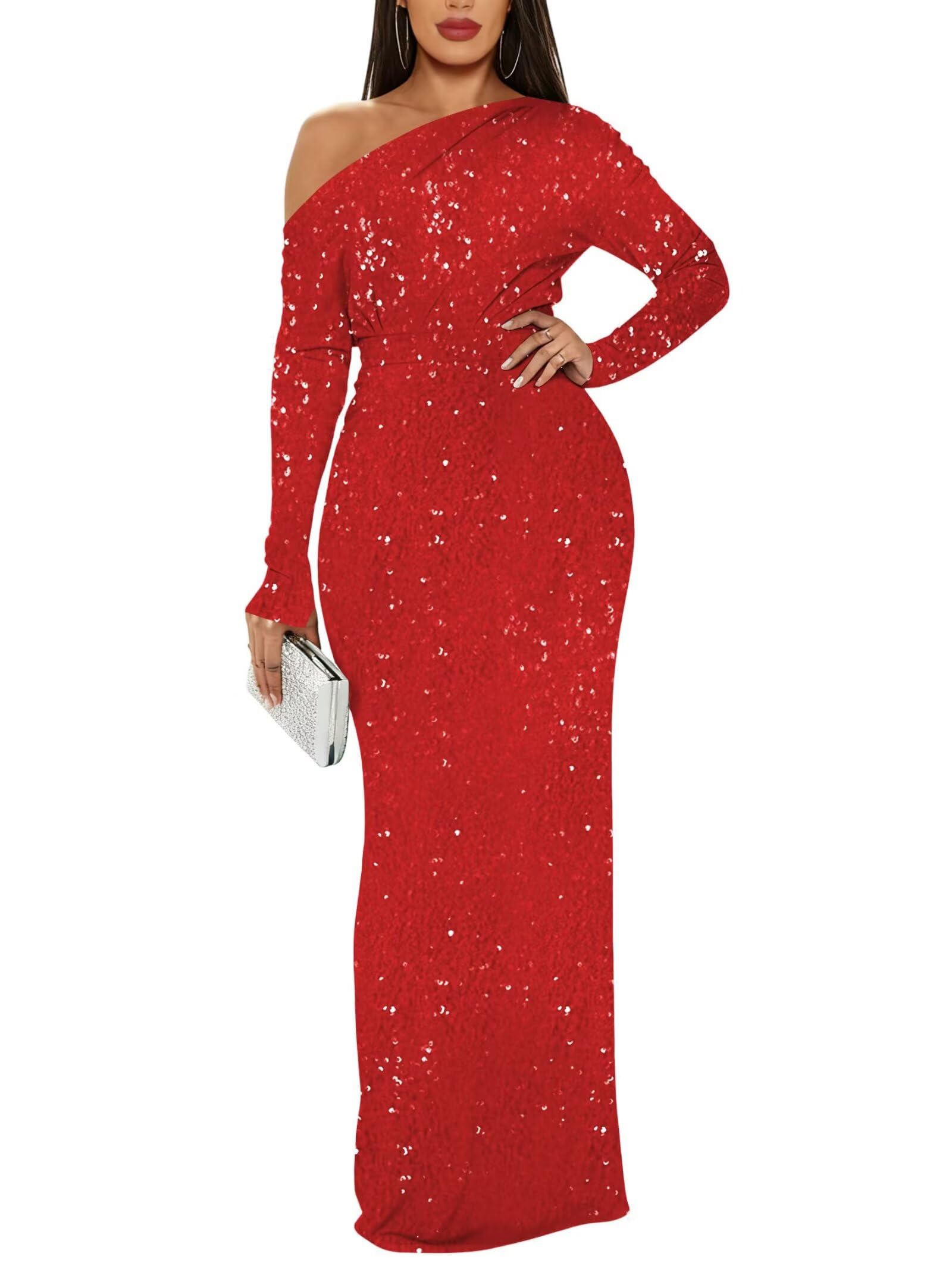 One Shoulder Sparkly Prom Dress for Wedding Long Sleeve Sequin Pageant Party Dresses Mermaid Formal Guest Gowns