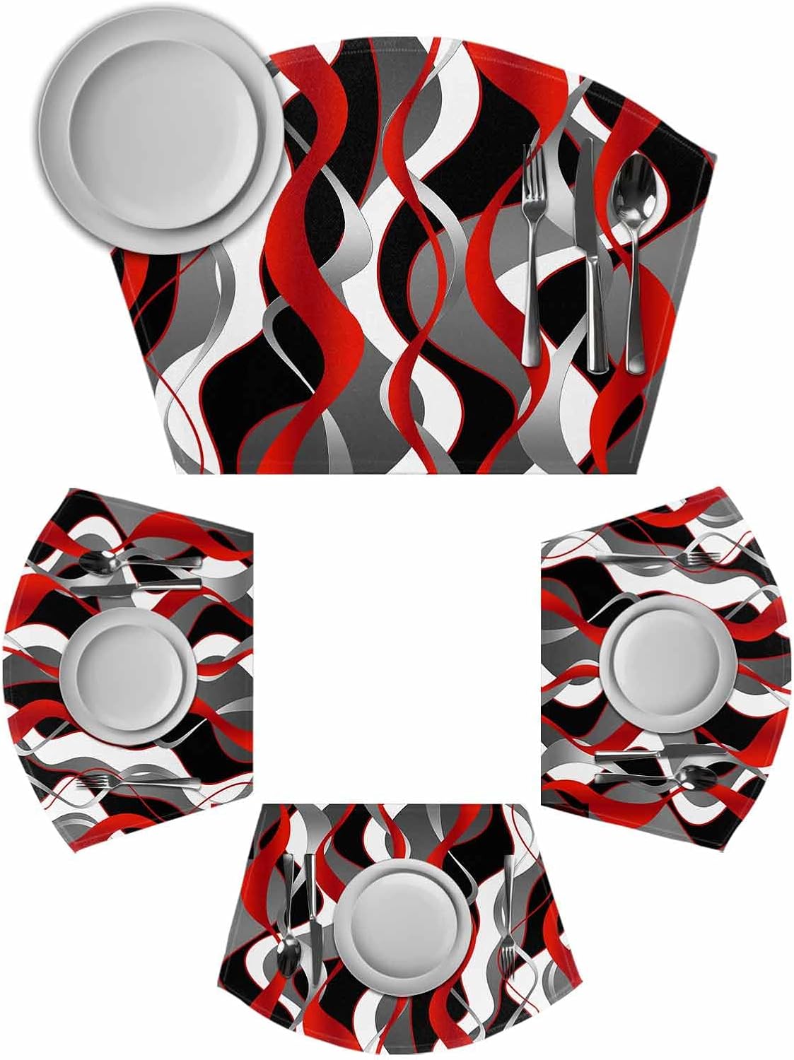 Red Black Grey Placemats Set of 6 for Dining Table, Woven Round Table Placemats, Modern White Moire Geometric Abstract Art Table Mats Washable Wedge Placemat Indoor/Outdoor Patio Kitchen Décor